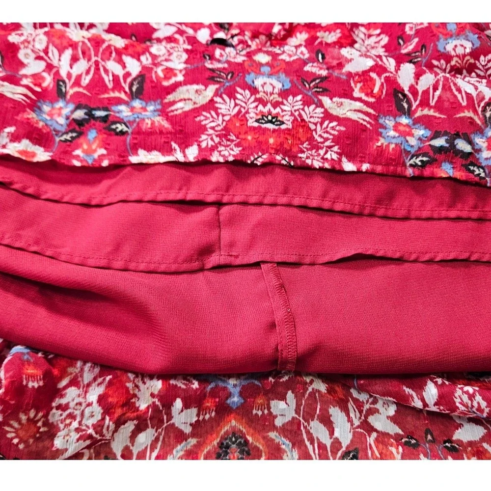 LOFT Red Floral Clip‎ Dot Tiered Midi Dress Long Sleeve Ruffle V-Neck Size M